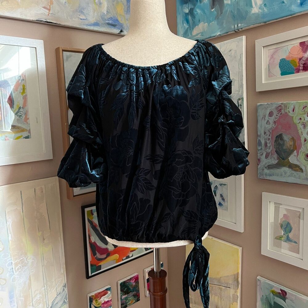 Whimsygoth MSK Teal Velvet Burnout Off Shoulder Blouse Romantic Moody Size Large